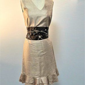 HAND WOVEN RAW SILK V NECK SHEATH DRESS WITH RUFFLE BOTTOM